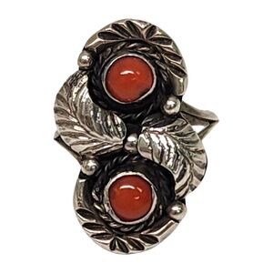 Native American Tom Willetto Silver Coral Ring Size 4.5 #16703